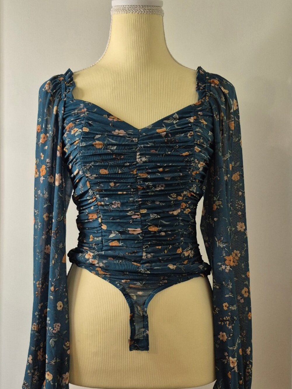 Teal Floral Ruched Mesh Long Sleeve Bodysuit XS Sheer Cottagecore Romantic Boho